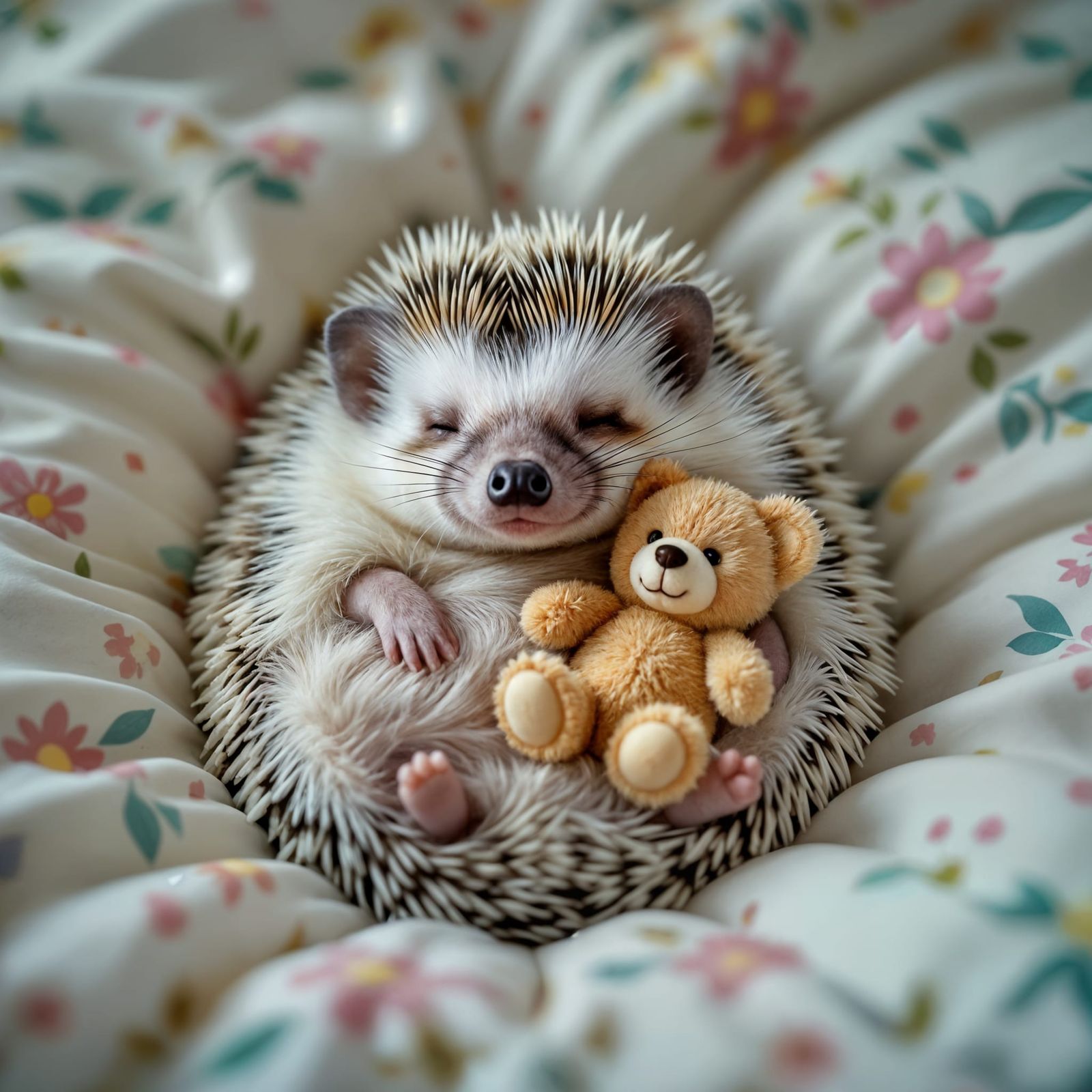 Cute Hedgehog Sleeps Peacefully With Teddy Bear