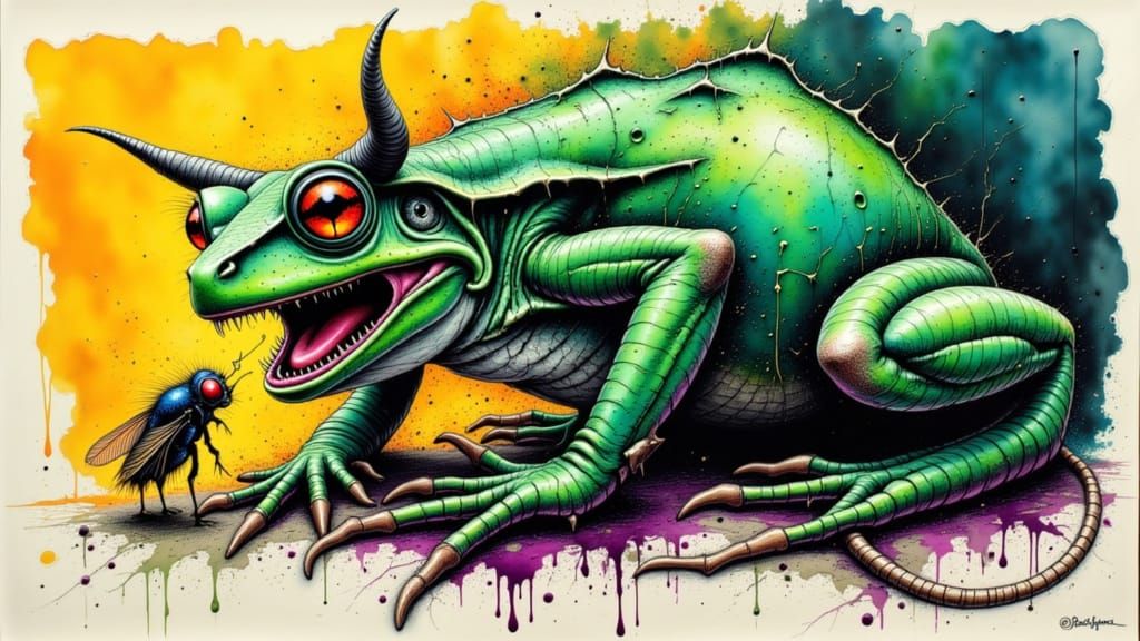 Surreal Bull Frog with Horns in Cow Print