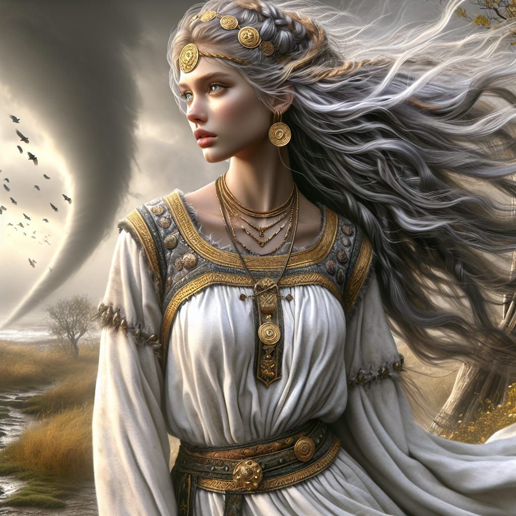 Latvian Wind Goddess in a Romantic Landscape Painting