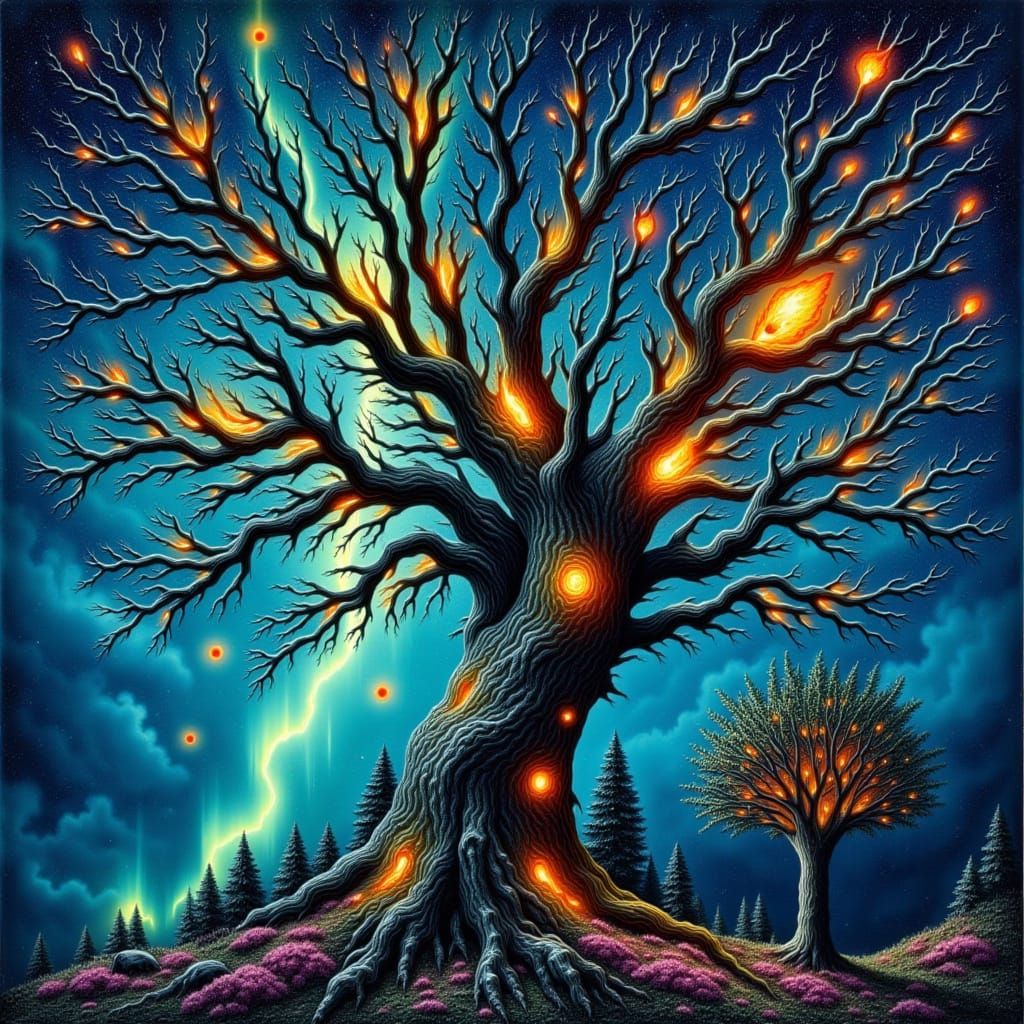 Bioluminescent Tree with Runes and Aurora