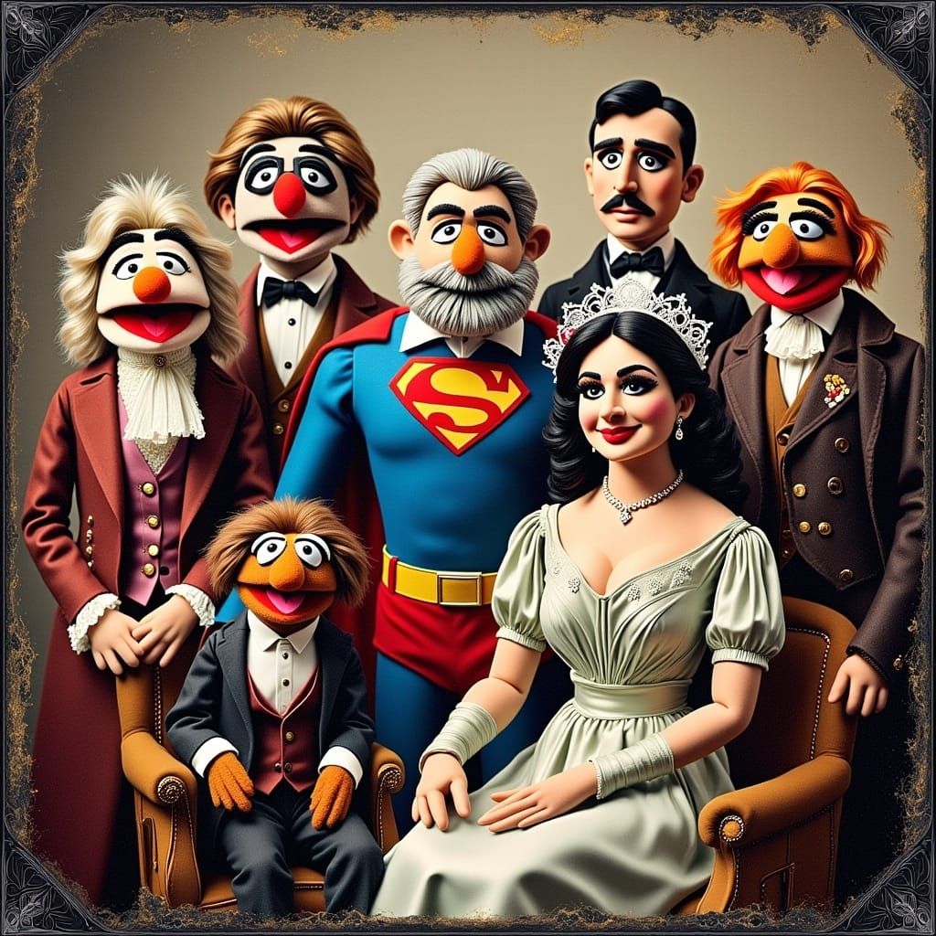 Muppet Superman Family Portrait in Daguerreotype Style