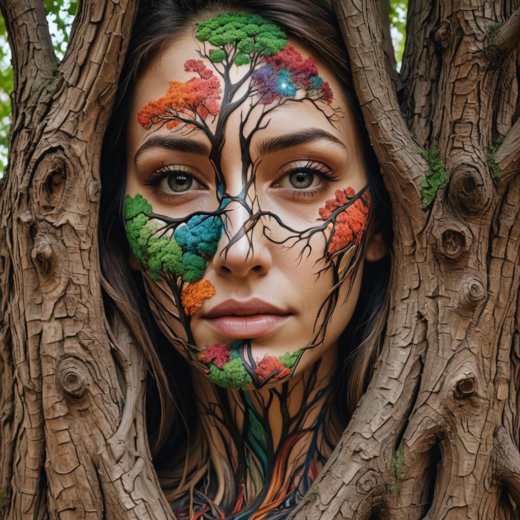 Half Face Half Tree in 3D Anamorphic Art