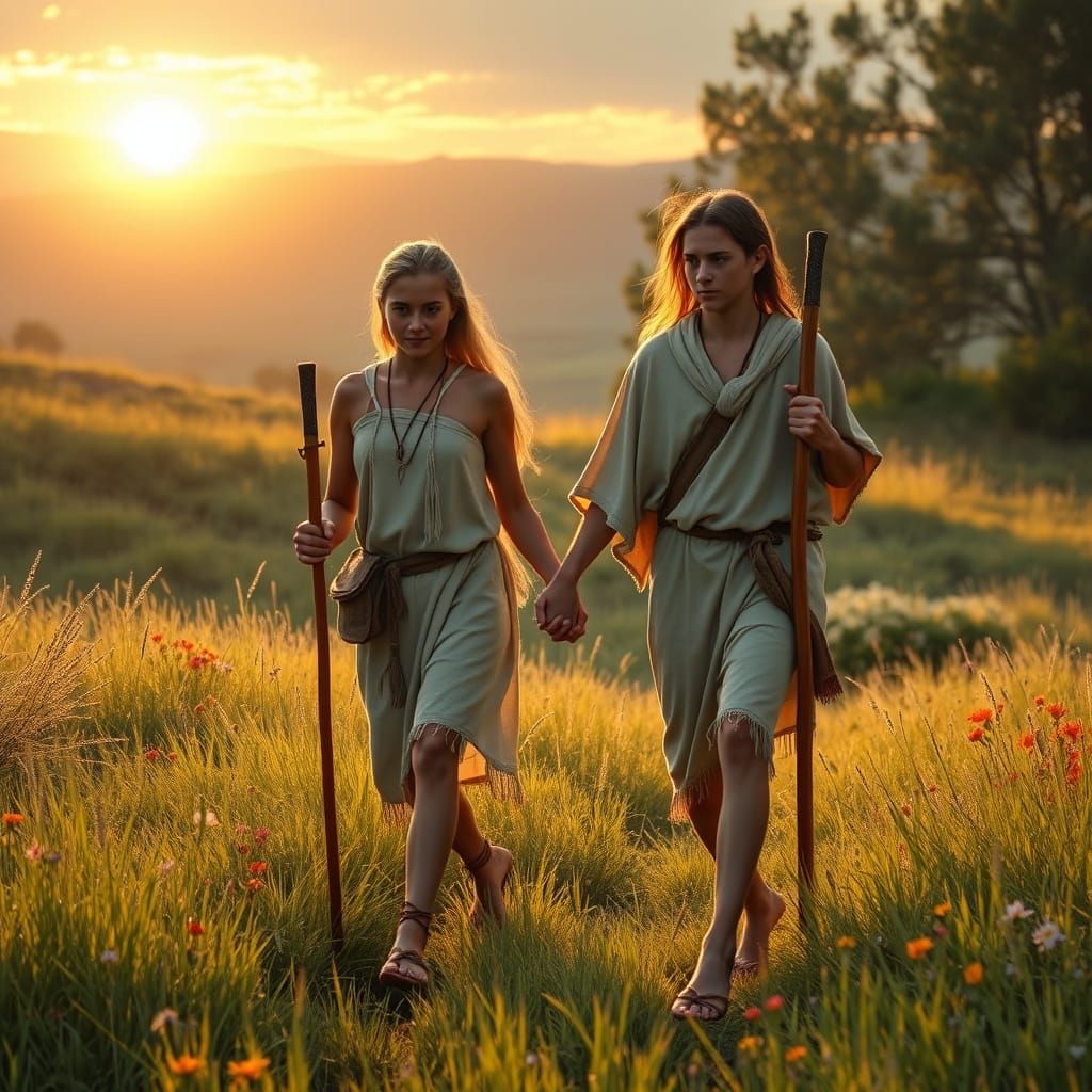 Neolithic Couple Strolls Through Golden Sunrise Meadow