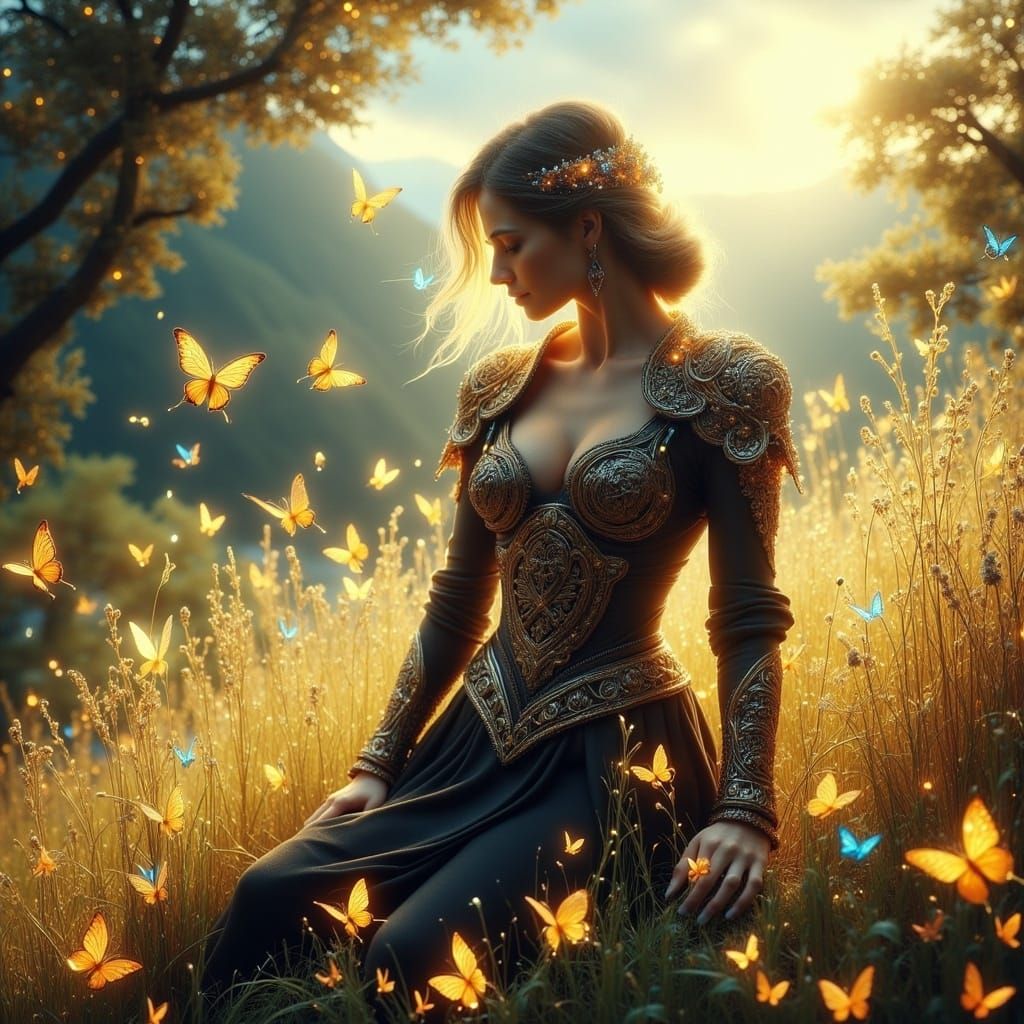 Celtic Warrior in Sunlit Meadow, Fantasy Art Style