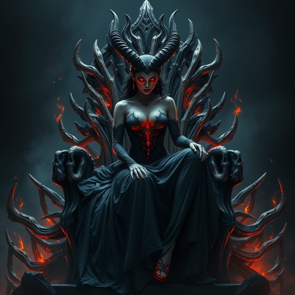 Demoness on Bone Throne: Hyper-Detailed Digital Art