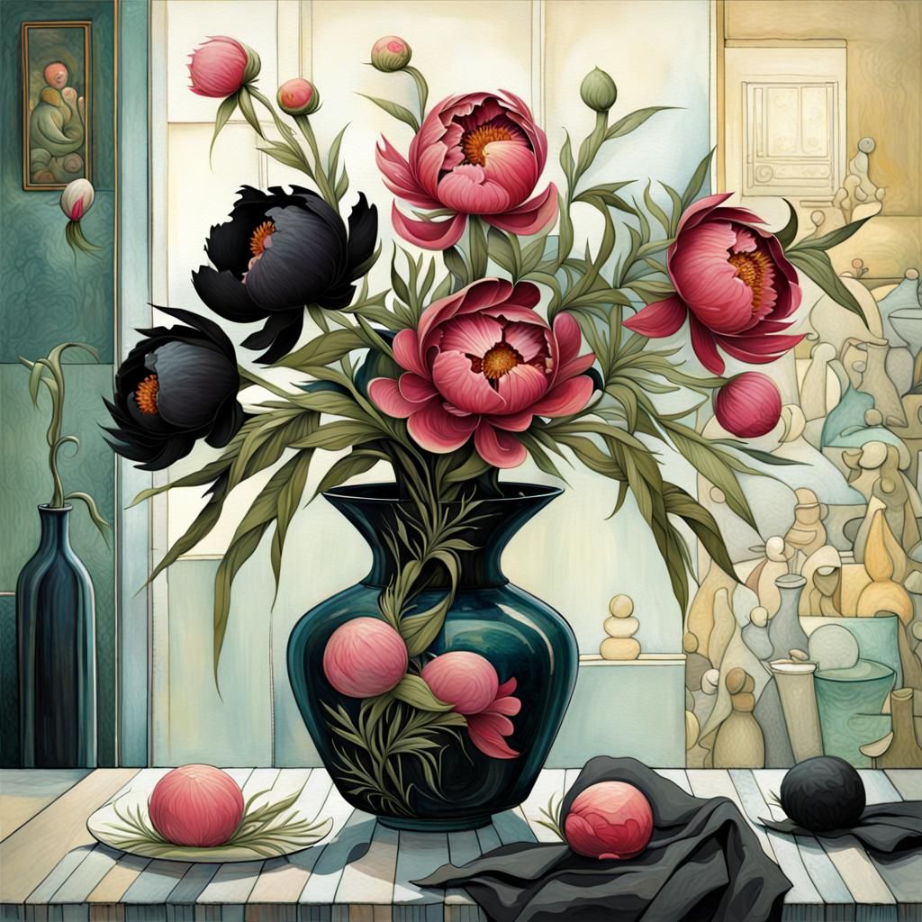 Flower Vase Woman Still Life in Art Brut Style