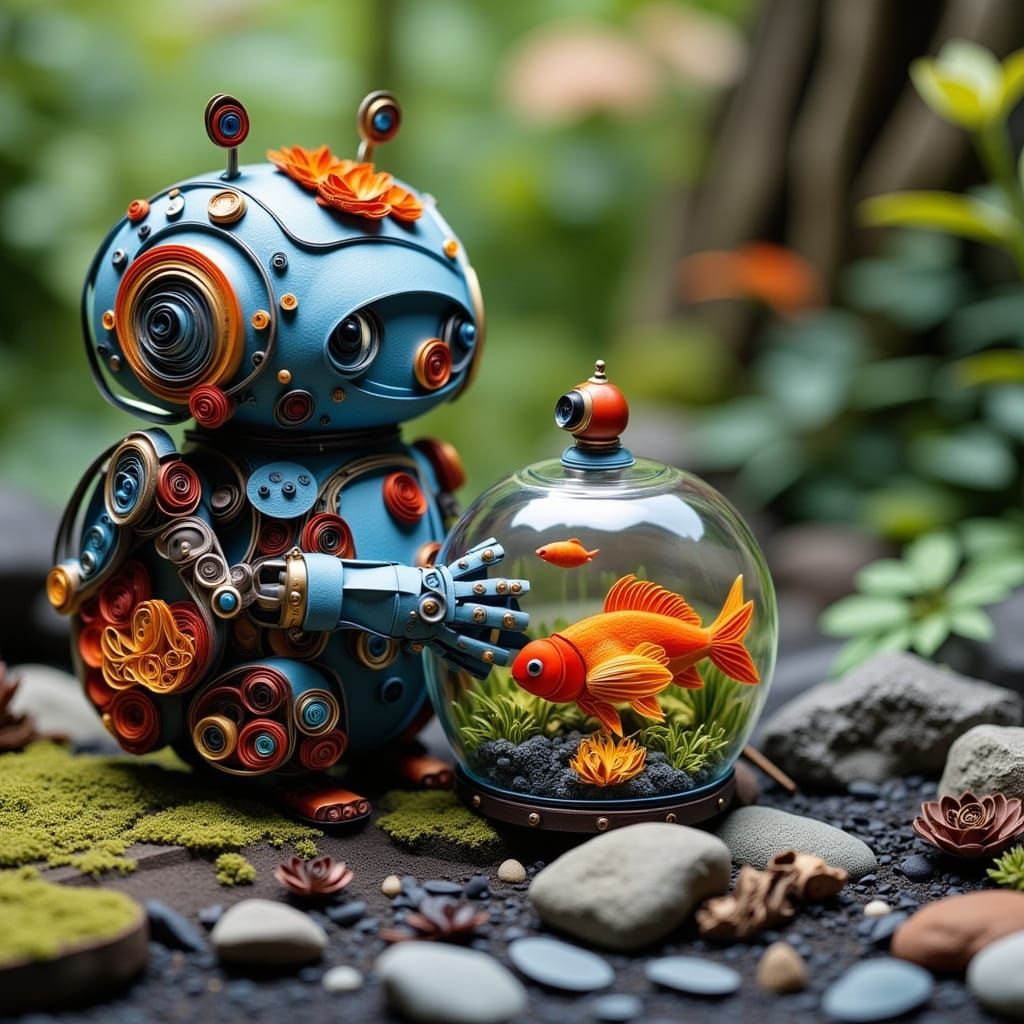 Quilled Robot Holding Fishbowl