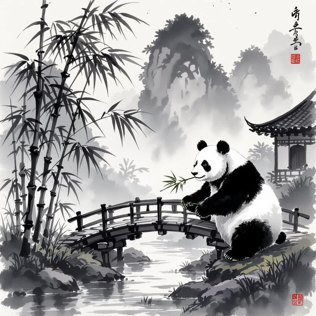 Panda Eating Bamboo: Chinese Ink Painting
