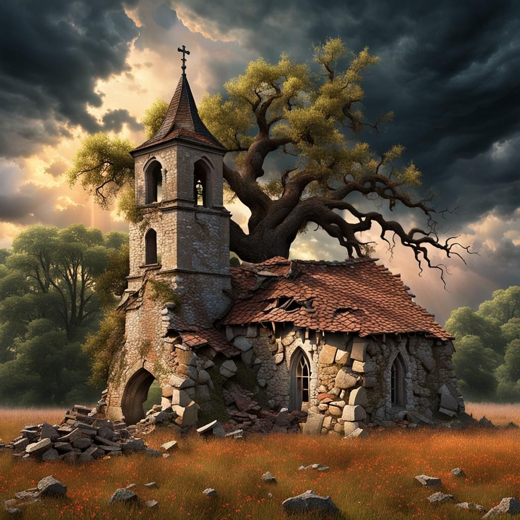 Old Church and Oak Tree in Meadow, Fantasy Art