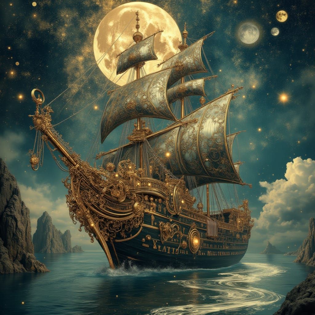 Baroque Steampunk Ship Sailing Under the Moon