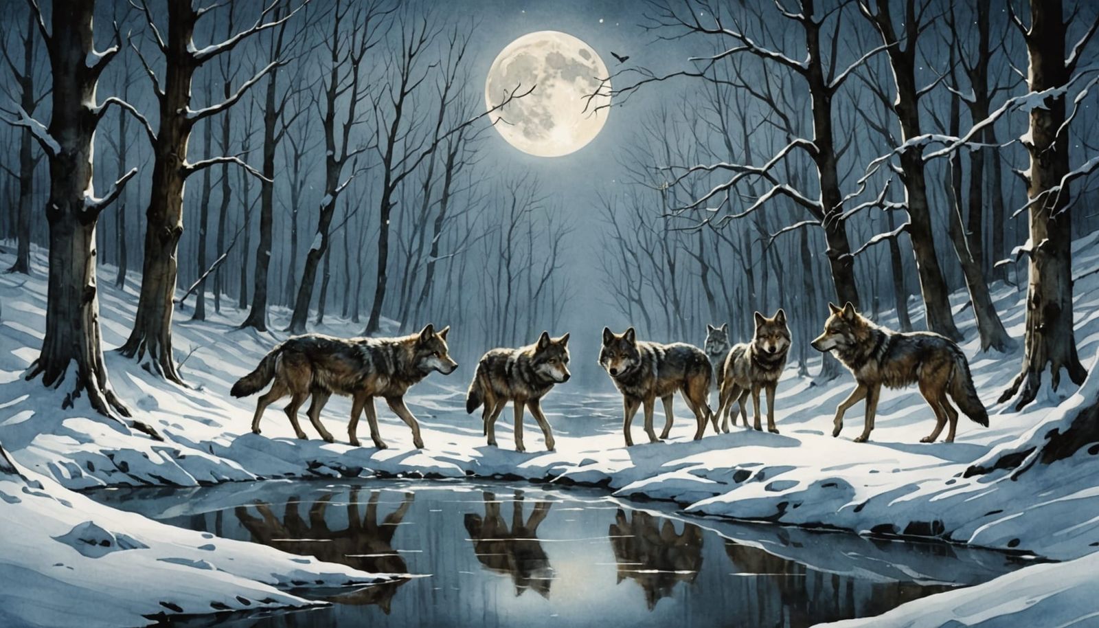 Wolves by Icy River in Watercolor Style