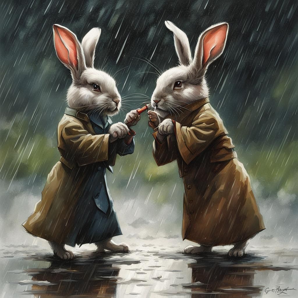 Sinister Rabbits Quarrel in Rainy Dark