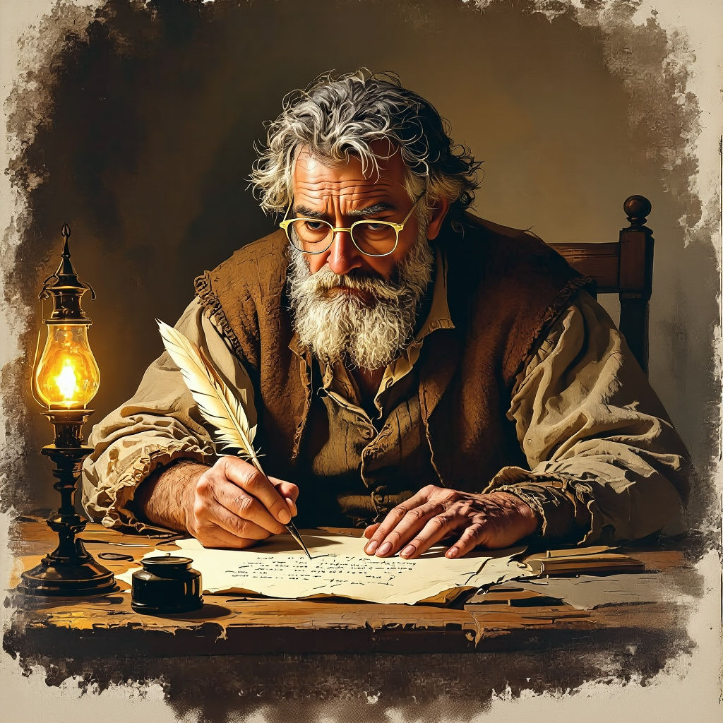 Old Man Writing by Lantern Light, Rembrandt Style