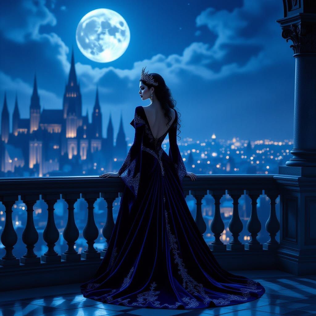 Ethereal Vampire Queen on Moonlit Balcony in Gothic City