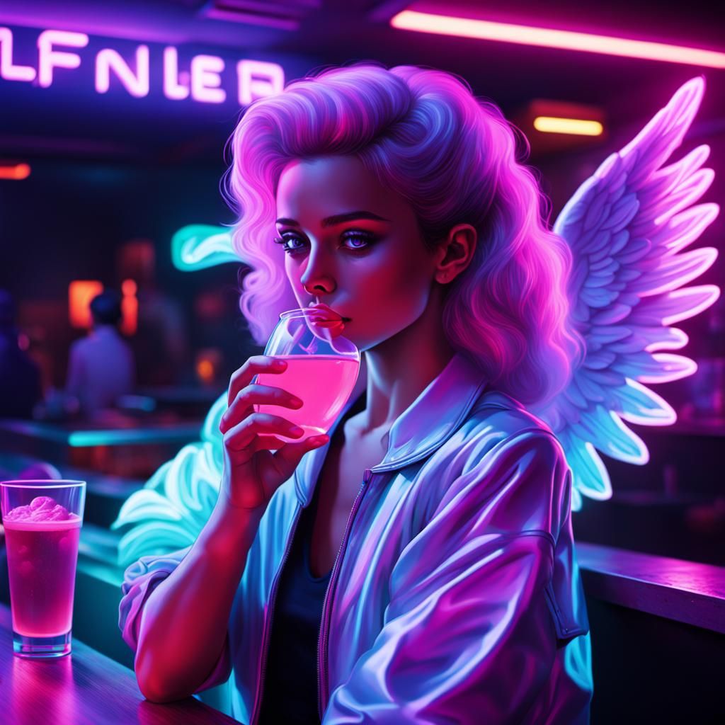 Angel at Bar in Synthwave Neon Style