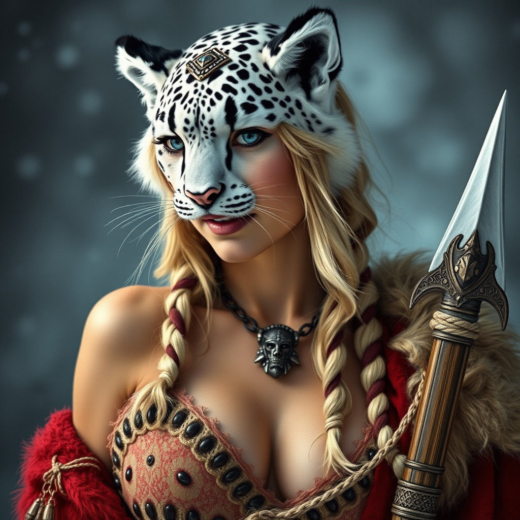 Snow Leopard Viking Pinup Woman Portrait
