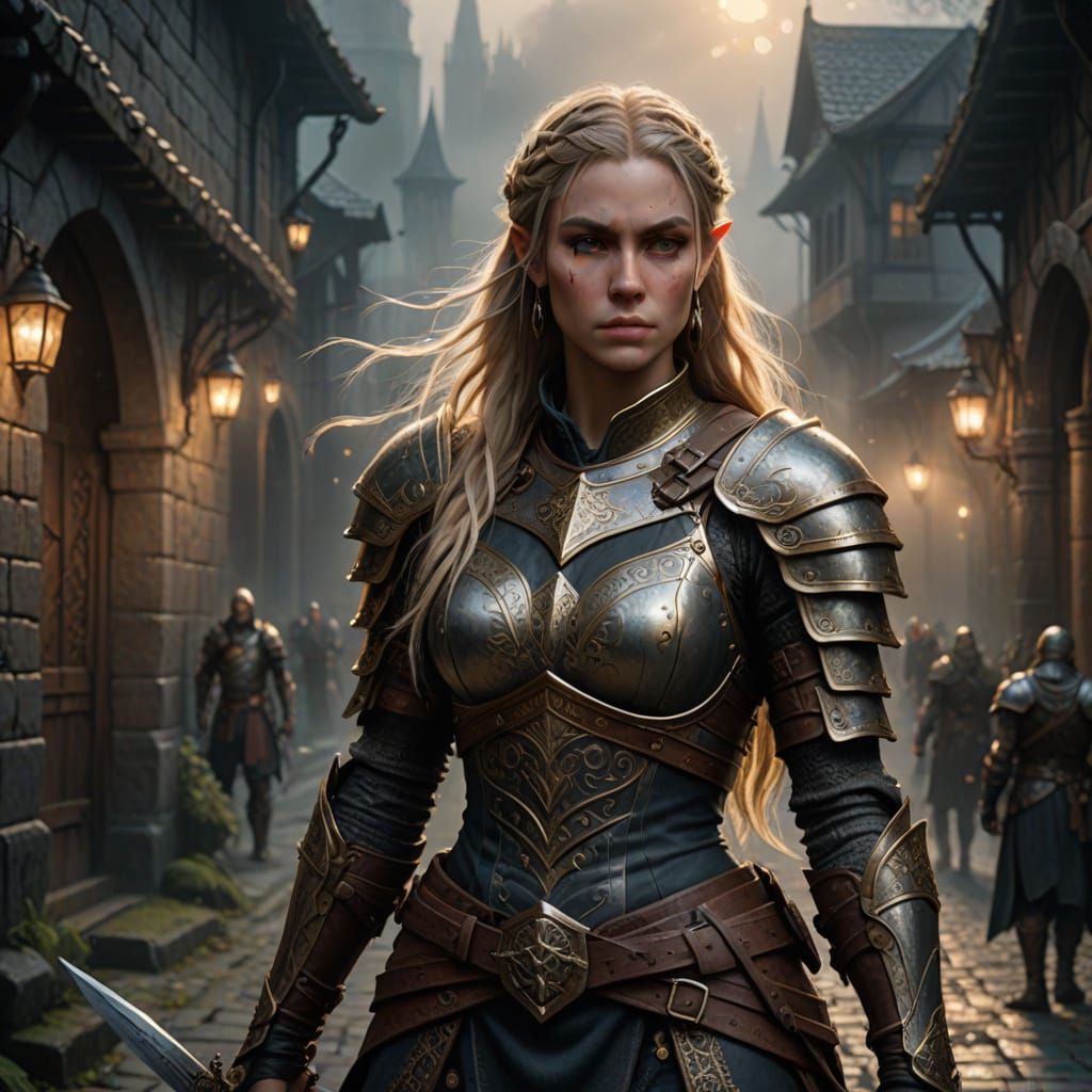 Serious Medieval Fantasy Warrior Woman in Golden Armor
