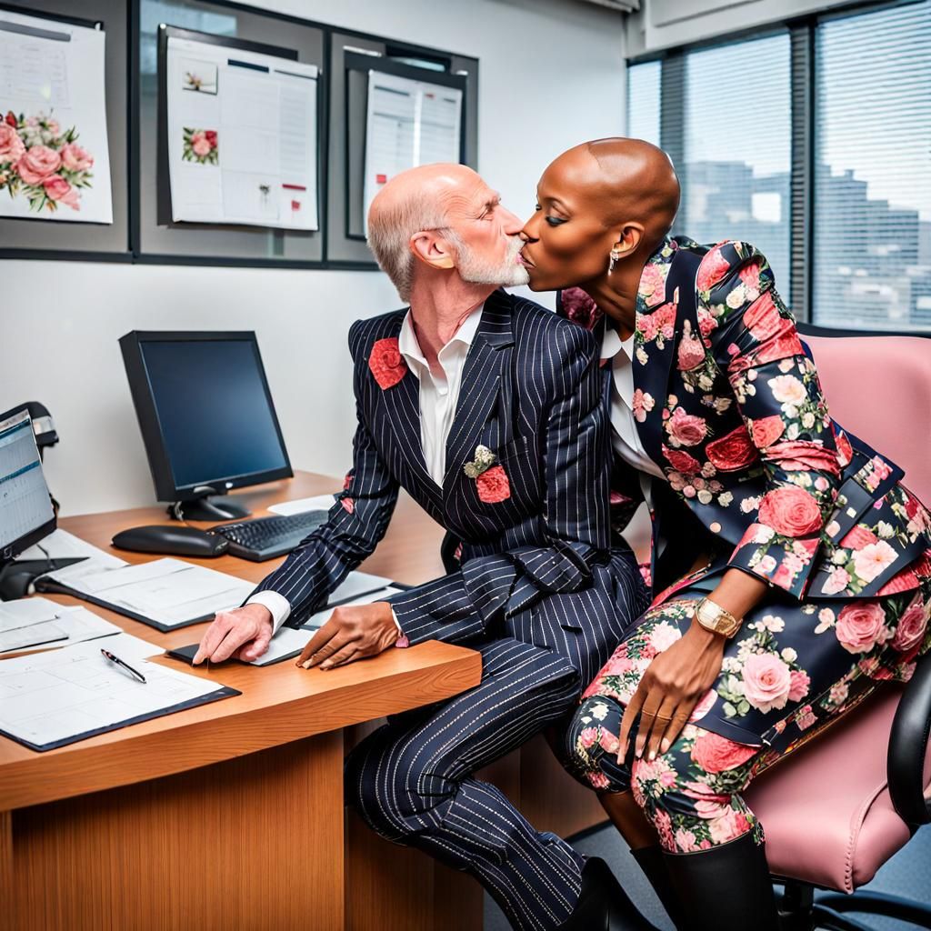 Crossdresser and Businesswoman Kiss in Office Photo