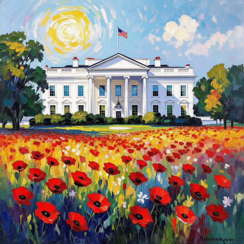 Vibrant Poppies Before the White House in Oil Painting Style