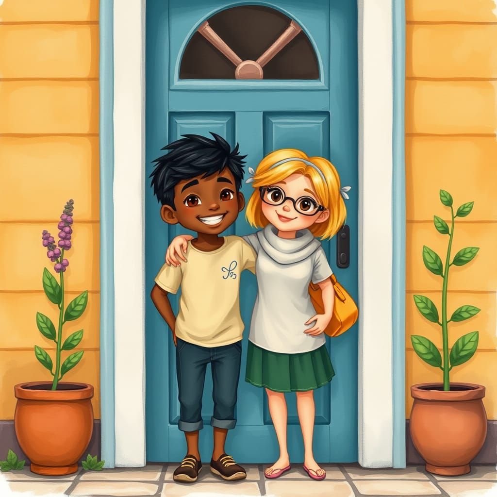 Reunited Friends with Colorful Home in Vibrant Acrylic Style