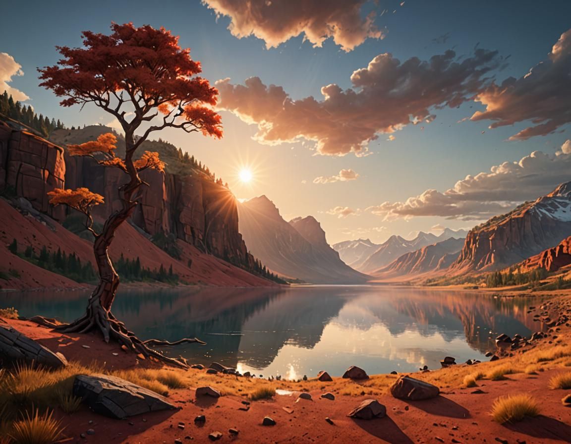 Lake Sunrise by Red Cliffs with Lone Tree