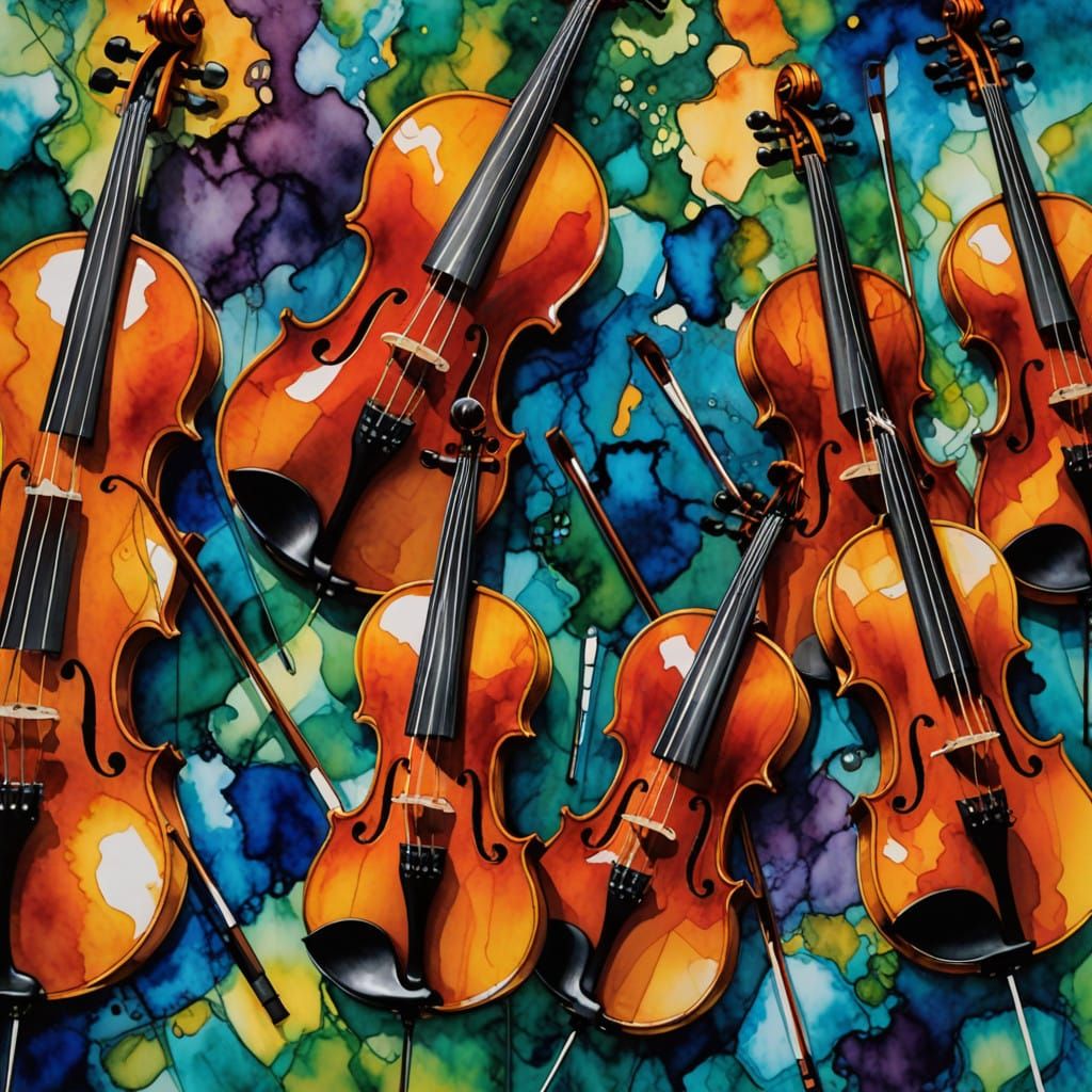 Vibrant Fiddles Play the Virginia Reel in a Whimsical Ink-Pa...
