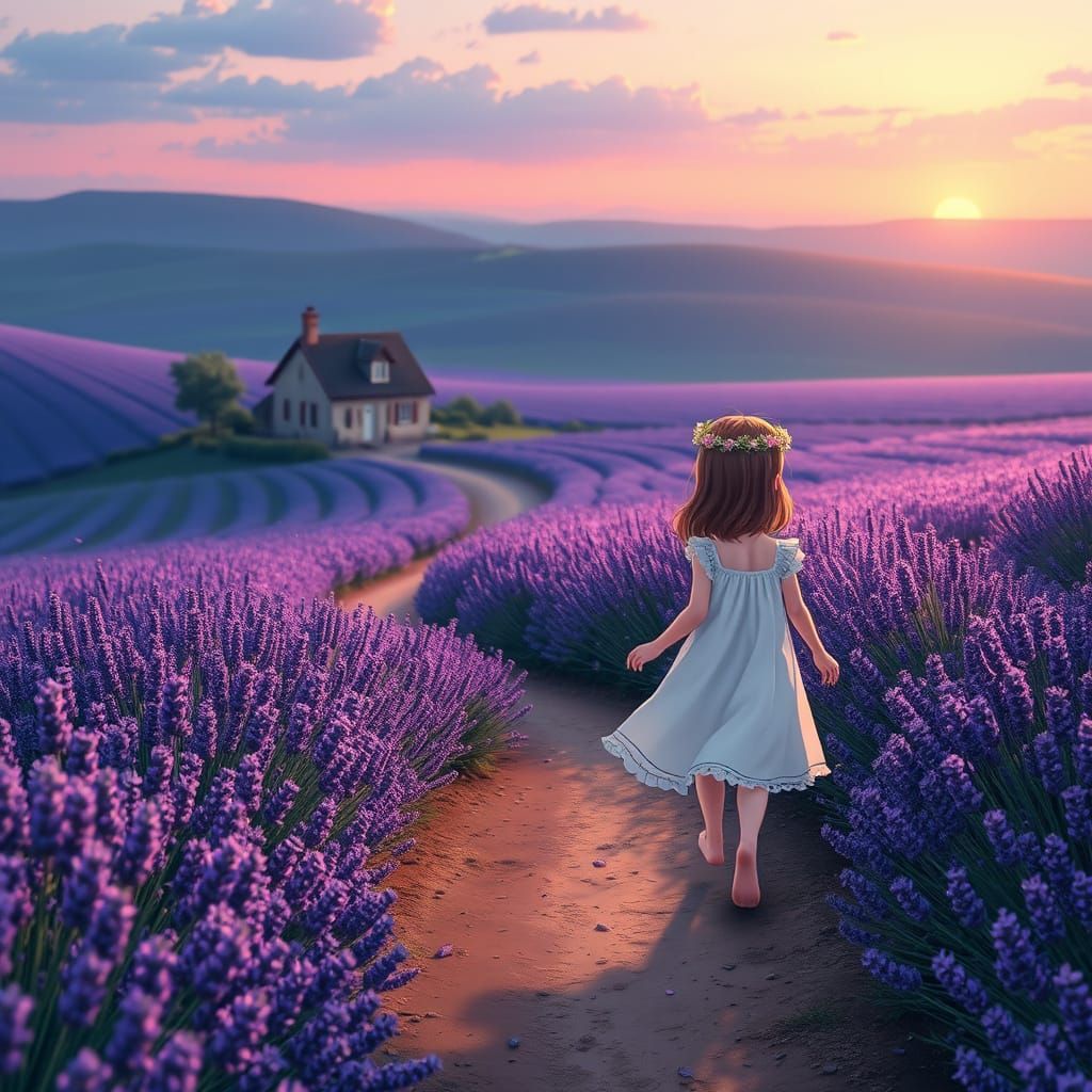 Whimsical Lavender Farm at Dusk in Anime Style