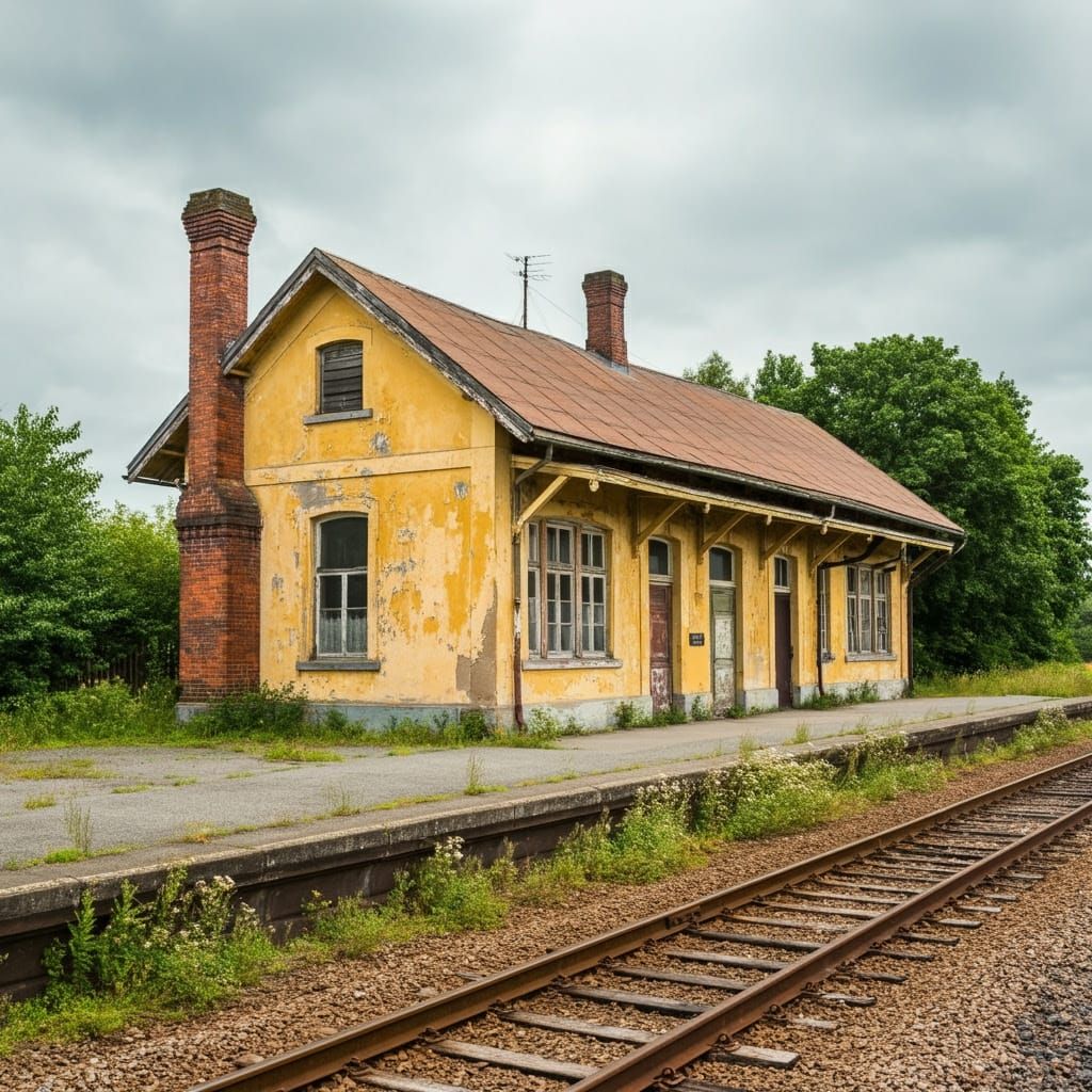 Rustic Train Station in a Lush, Green Landscape
