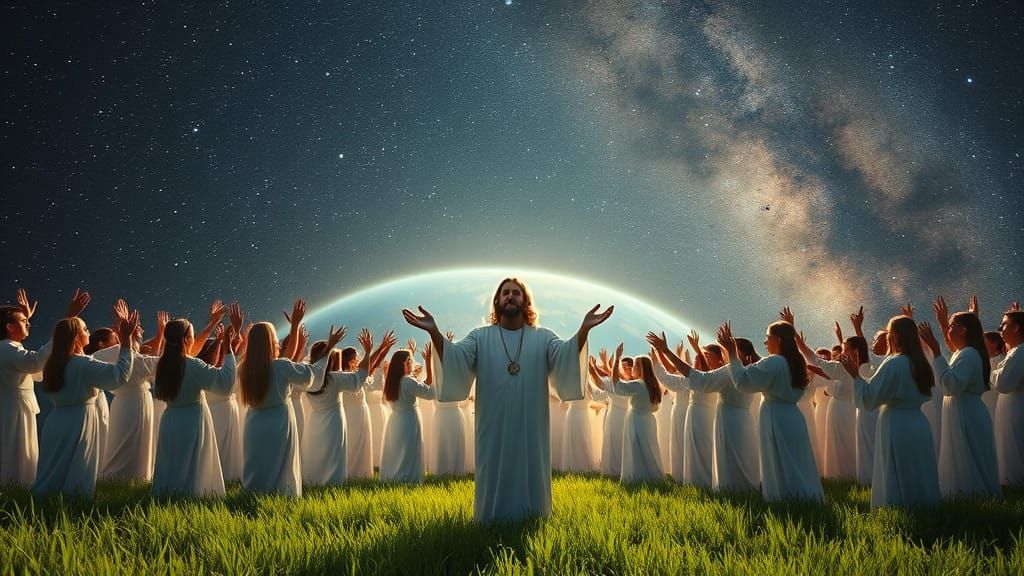 Jesus Amidst Celestial Glory in a Verdant Field