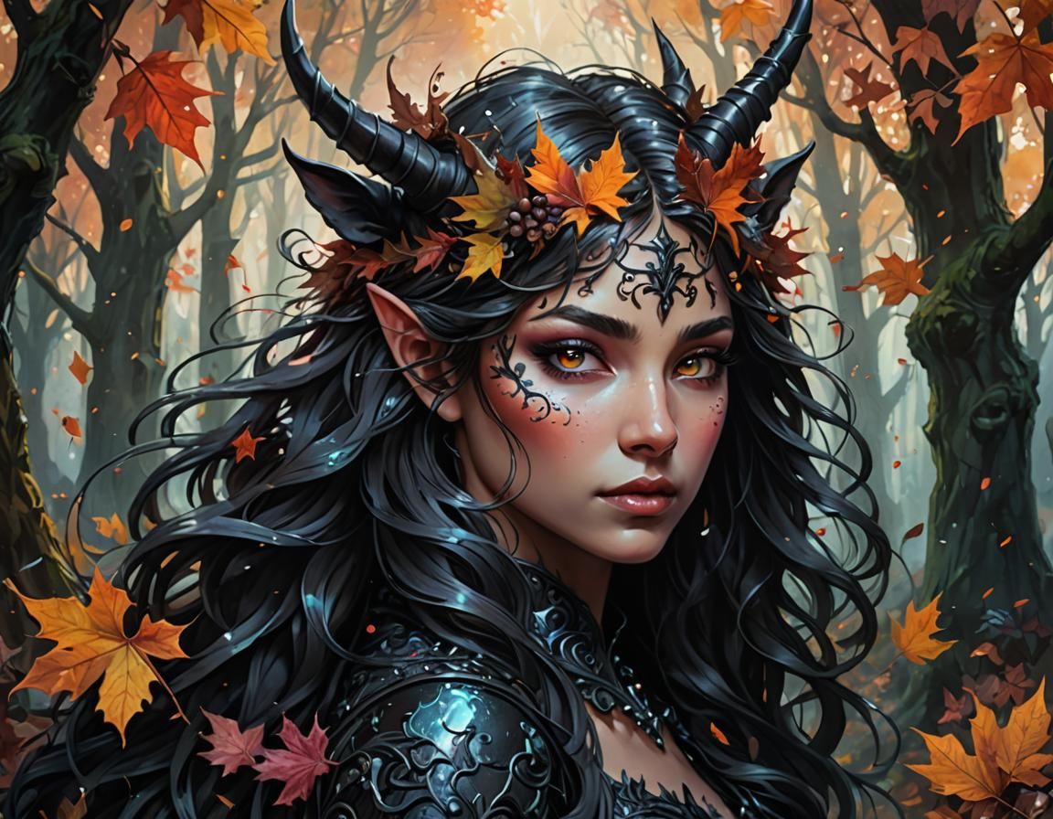 Dark Fairy and Unicorn Portrait in Autumn Forest