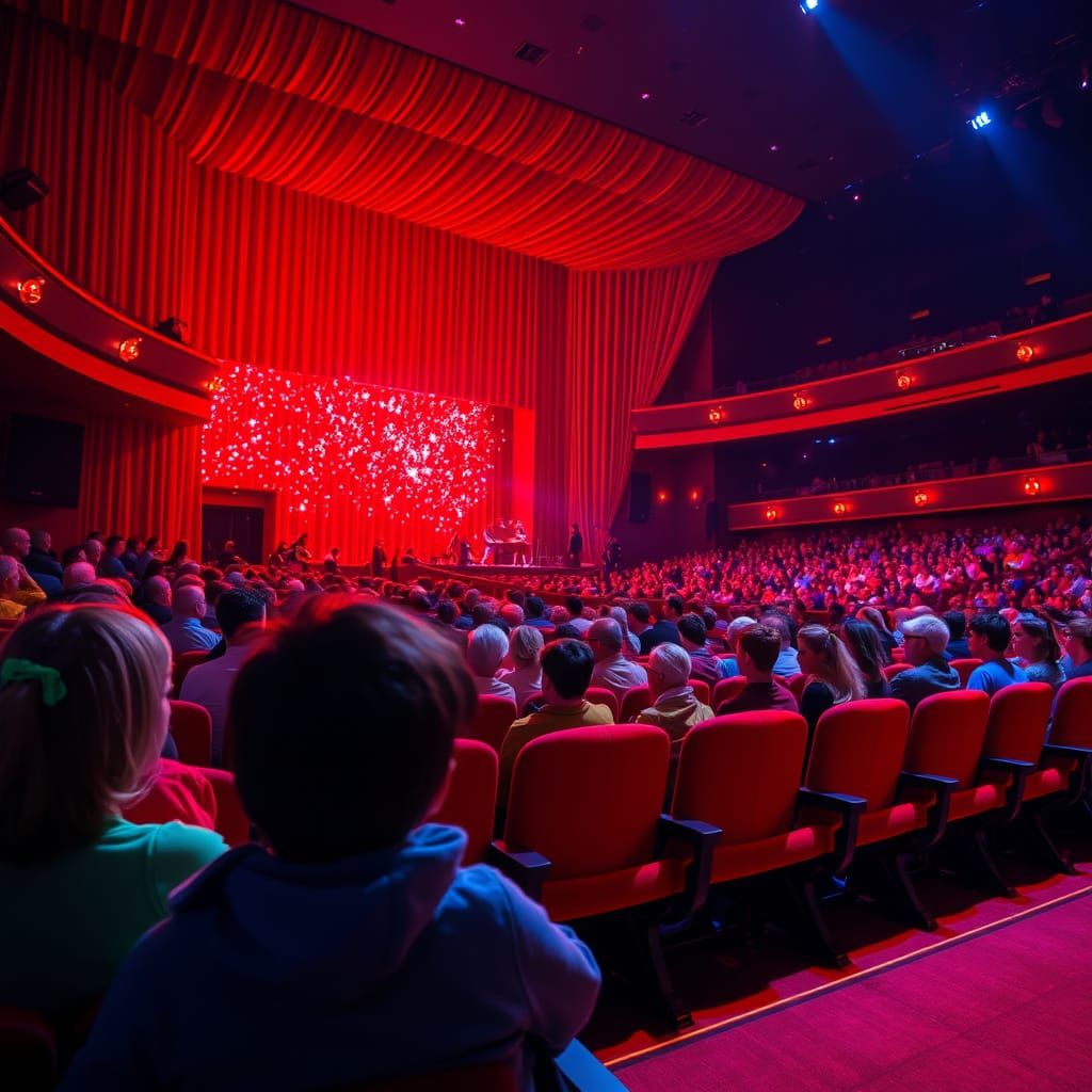 Vibrant Stage Spectacle with Red Curtains in Realistic Style