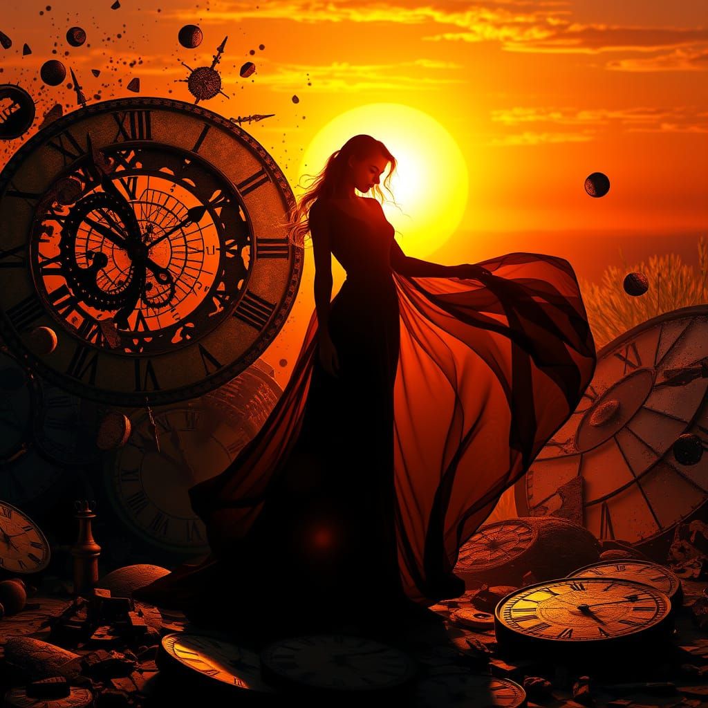 Elegant Woman Amidst Clockwork Twilight in Vibrant Abstract ...