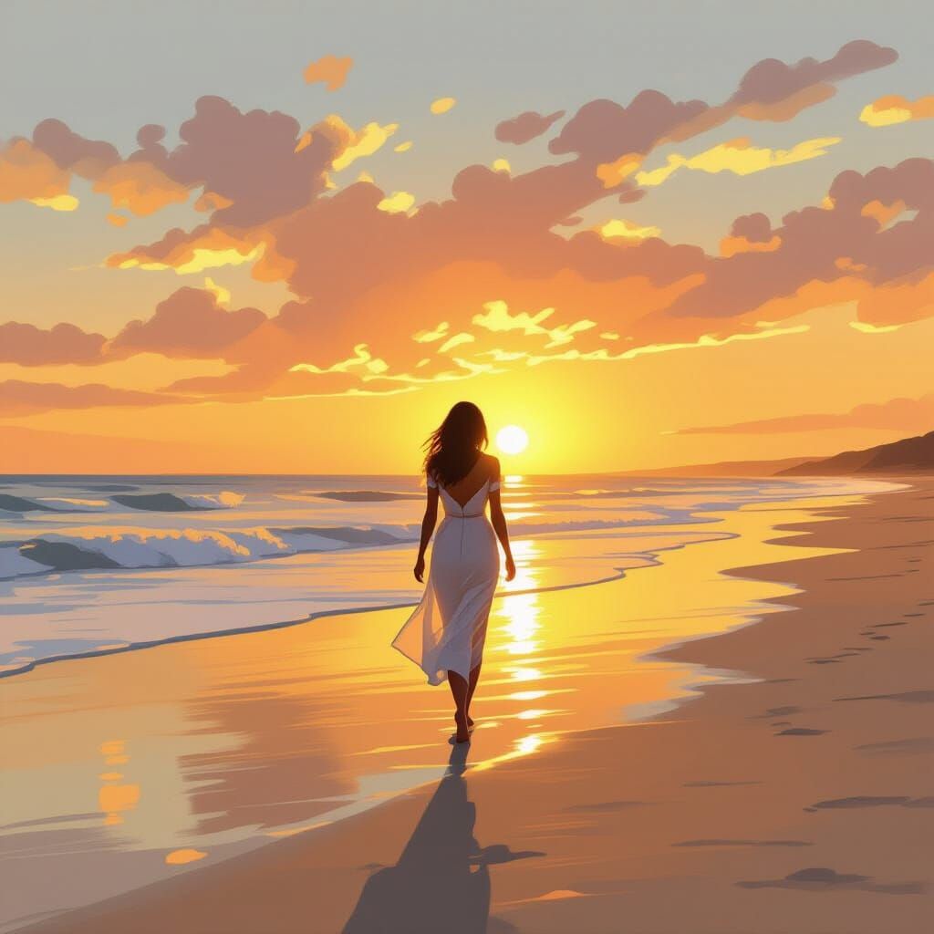 Woman on Beach at Sunset in Impressionist Style