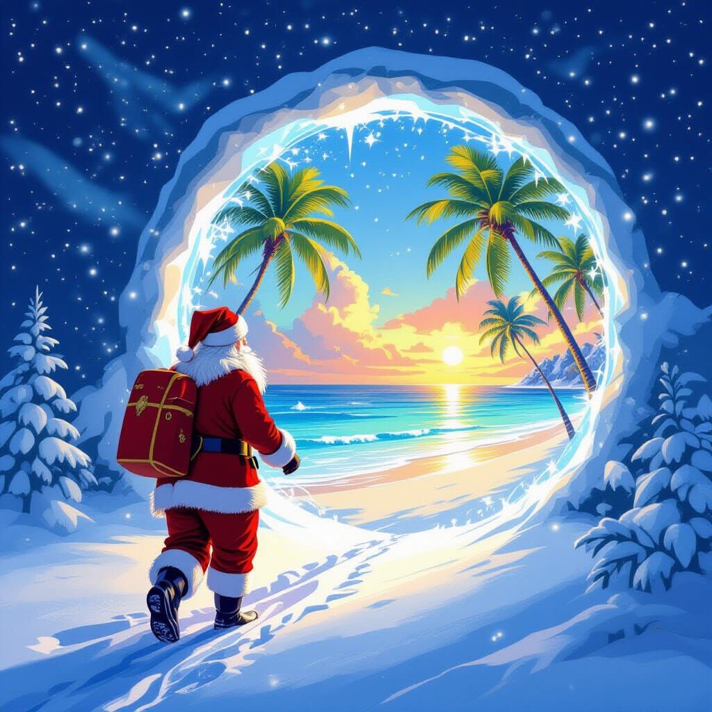 Santa's Tropical Portal: Futurism Storybook Scene