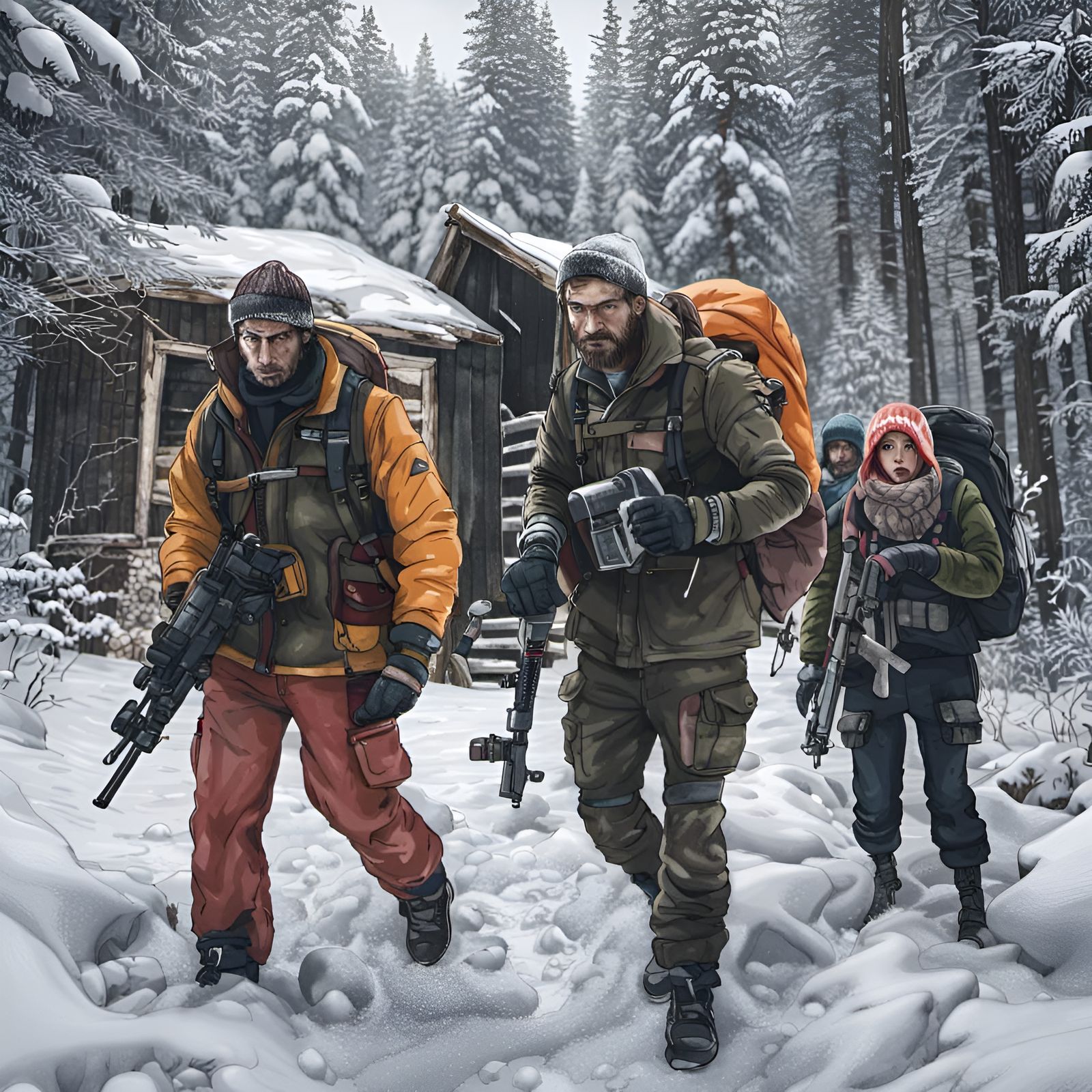 Post-Apocalyptic Figures Approach Cabin in Snowy Forest