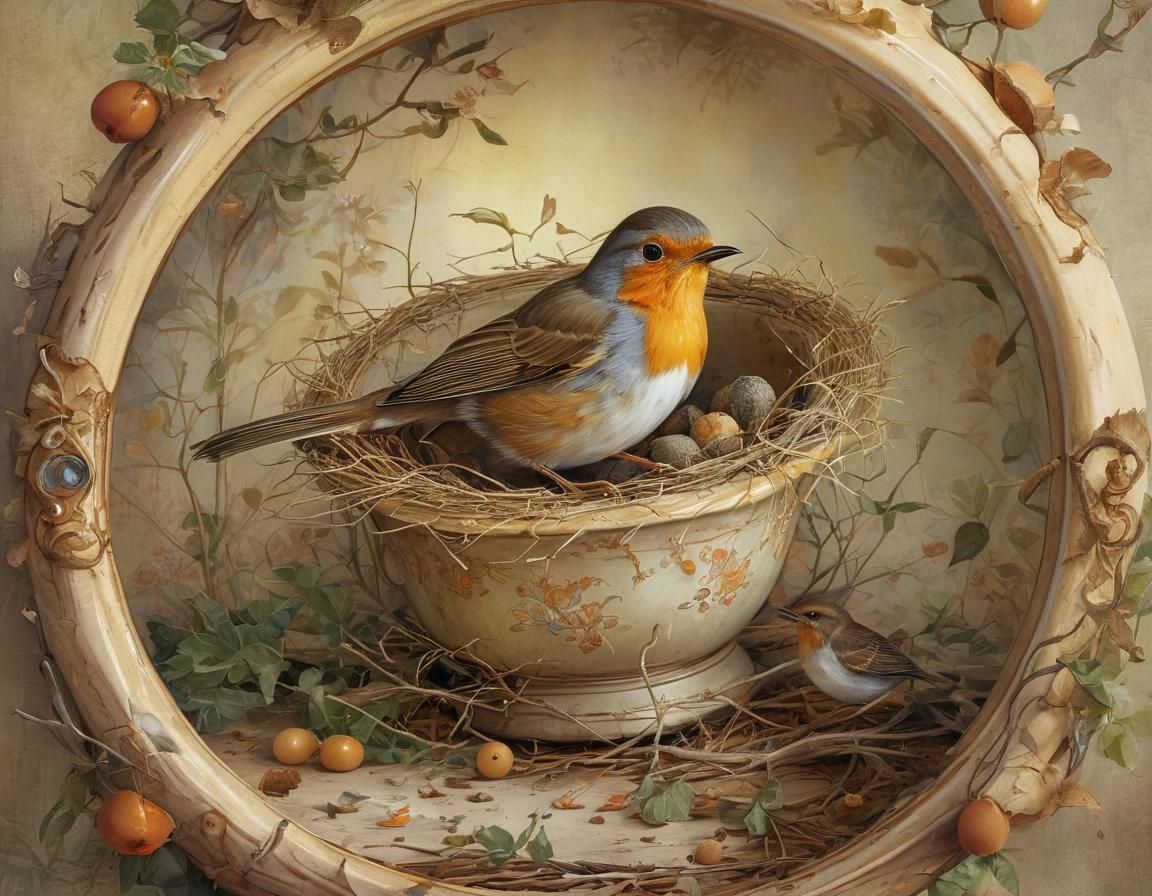 Whimsical Robin Teapot Nest Scene in Traditional Storybook S...