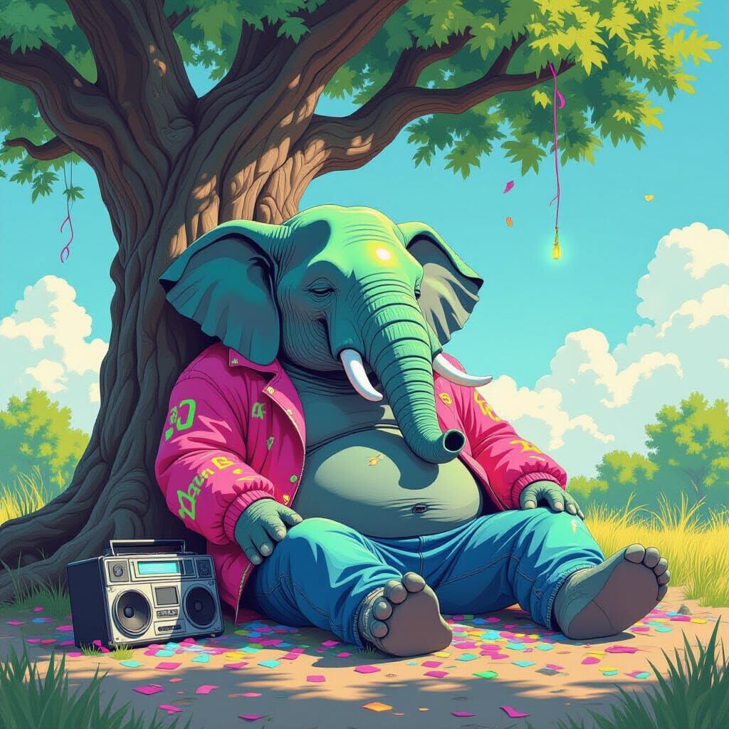 Tired Elephant After Rave, Slumped by Tree