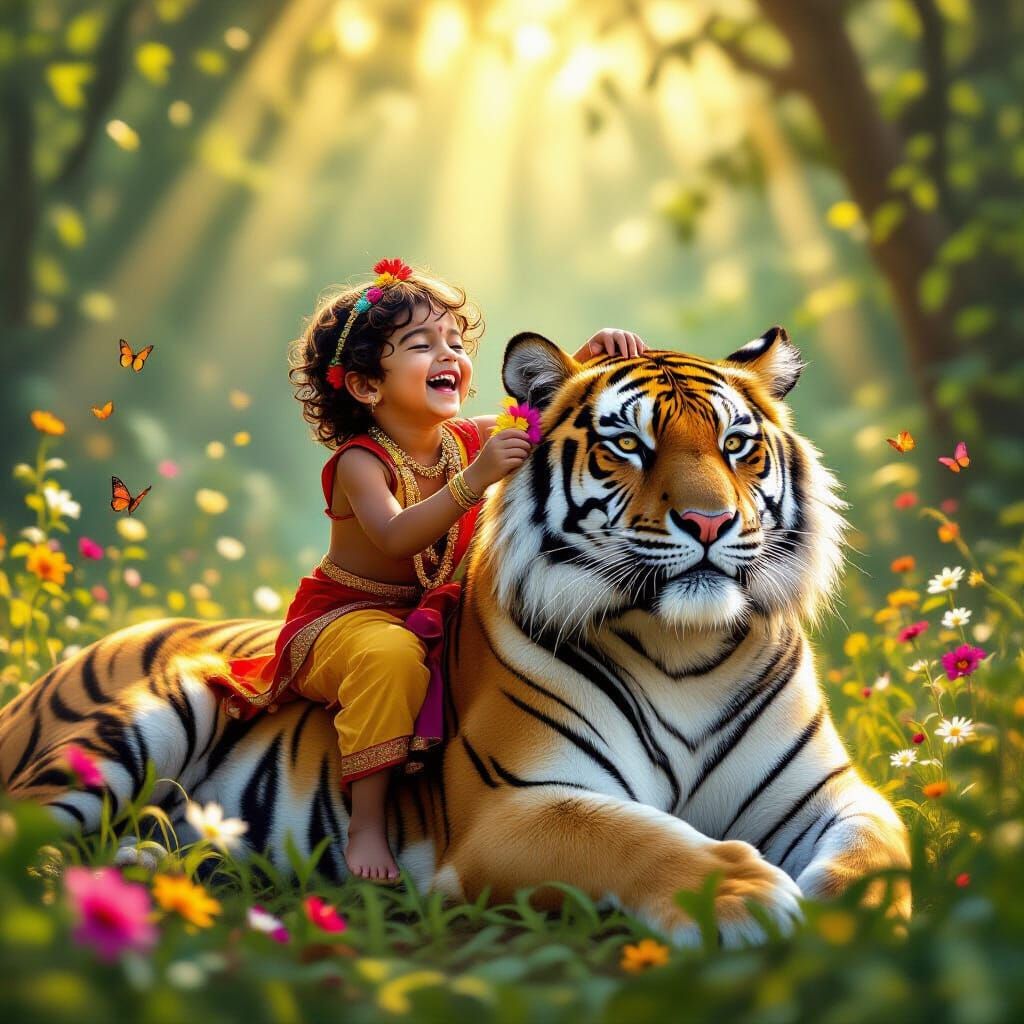 Child and Tiger in Sunlit Jungle, Graphic Novel Style