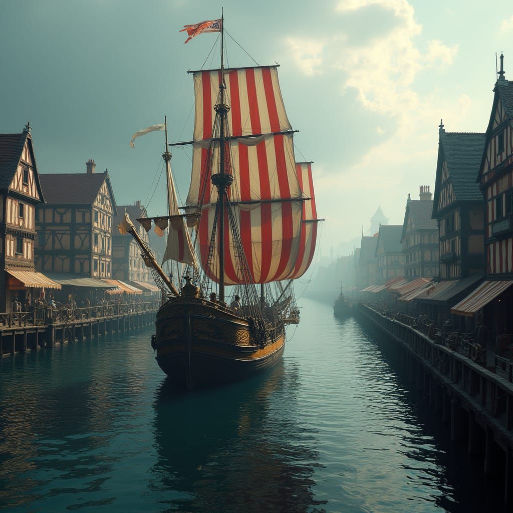 Medieval Longship Enters Bustling Port in Vivid HDR