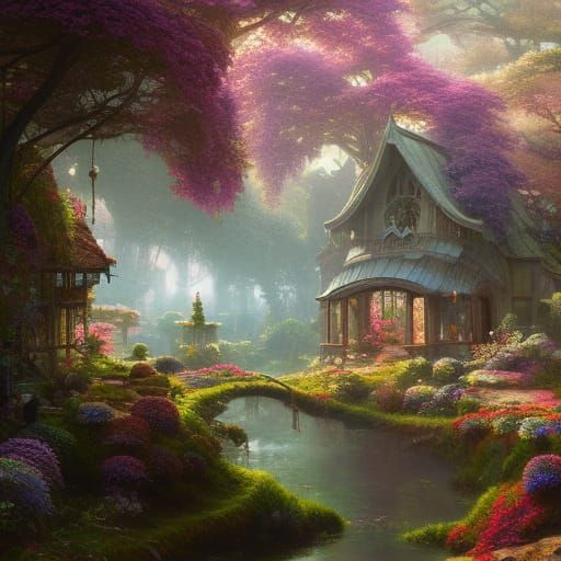 Whimsical Fairy Cottage in Solarpunk Landscape