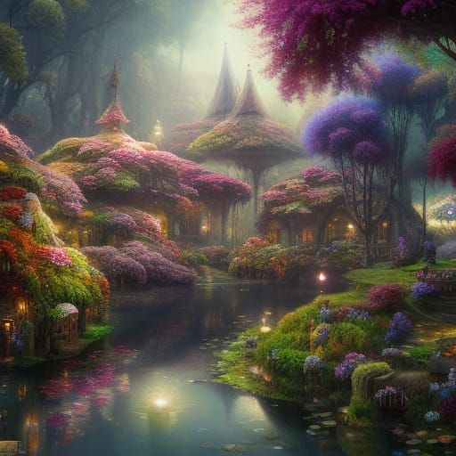 Magical Fairy Cottage in Hyperdetailed Solarpunk Landscape