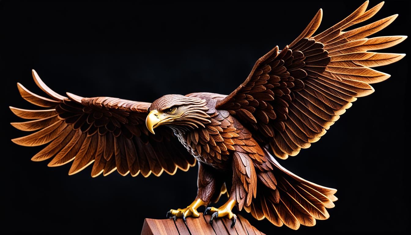 Eagle Wood Carving with Golden Lighting