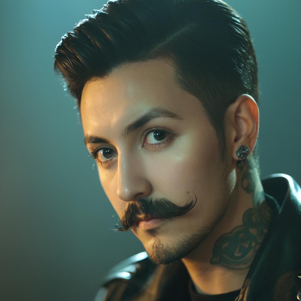 Biker with Face Tattoos in Cinematic Film Still