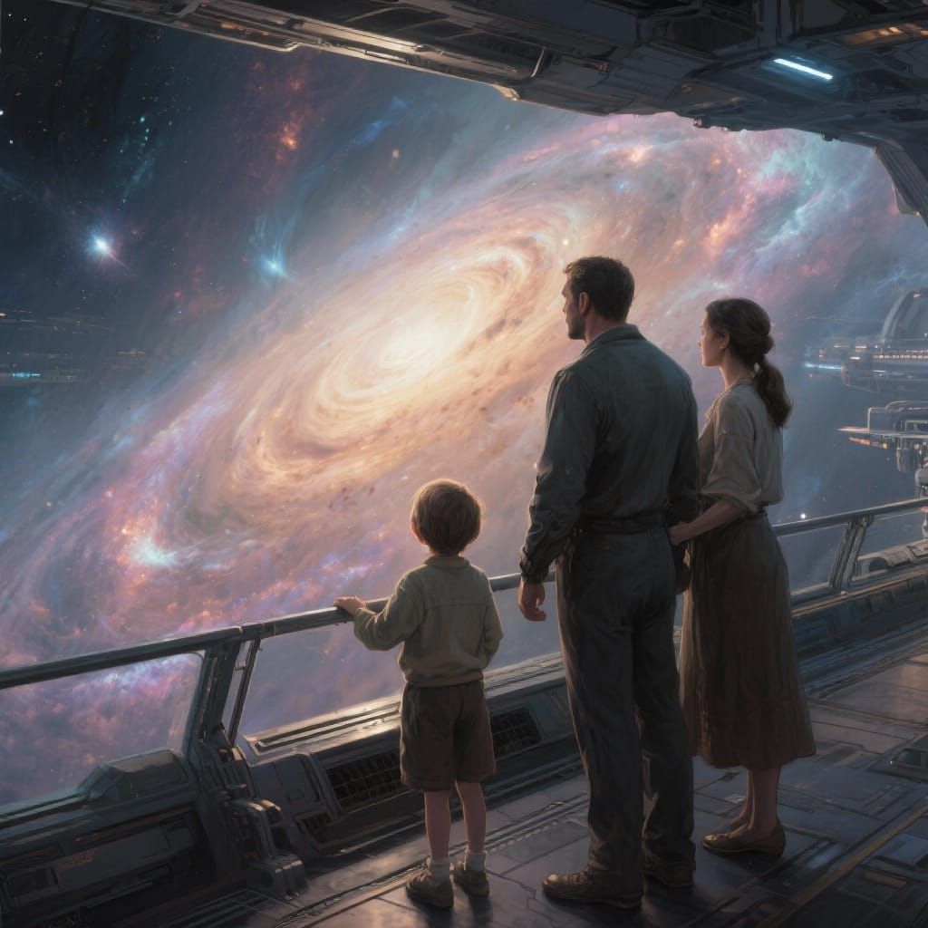 Stoic Family Gazes at Nebula on Spaceship
