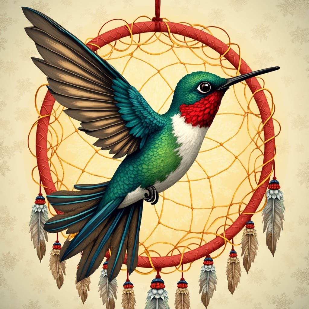 Hummingbird Dreamcatcher: A Vibrant Folk Art Vector
