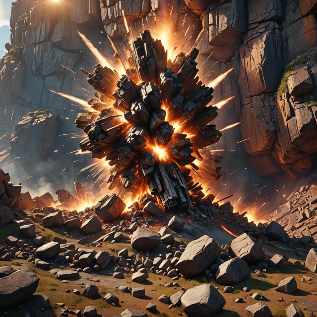 Cliffside Explosion in 3D Game Cinematic Style
