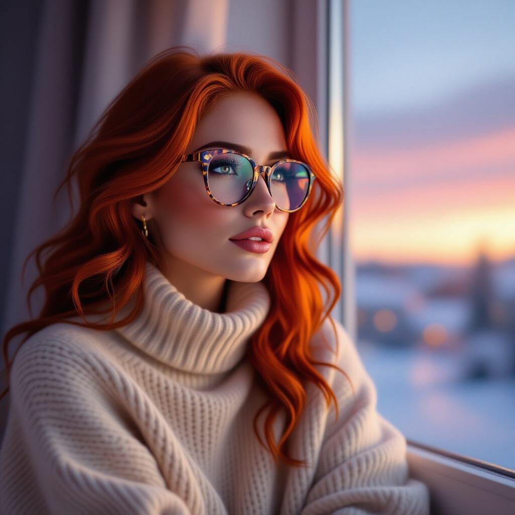 Woman in Cream Sweater Gazes Out Window