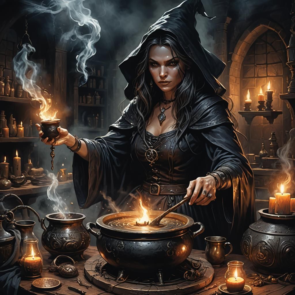 Menacing Sorceress Brews Potion in Dark Fantasy Illustration