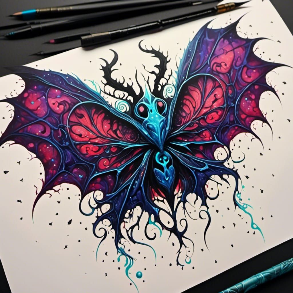 Adorable Baby Bat in Dark Fantasy Alcohol Ink Style