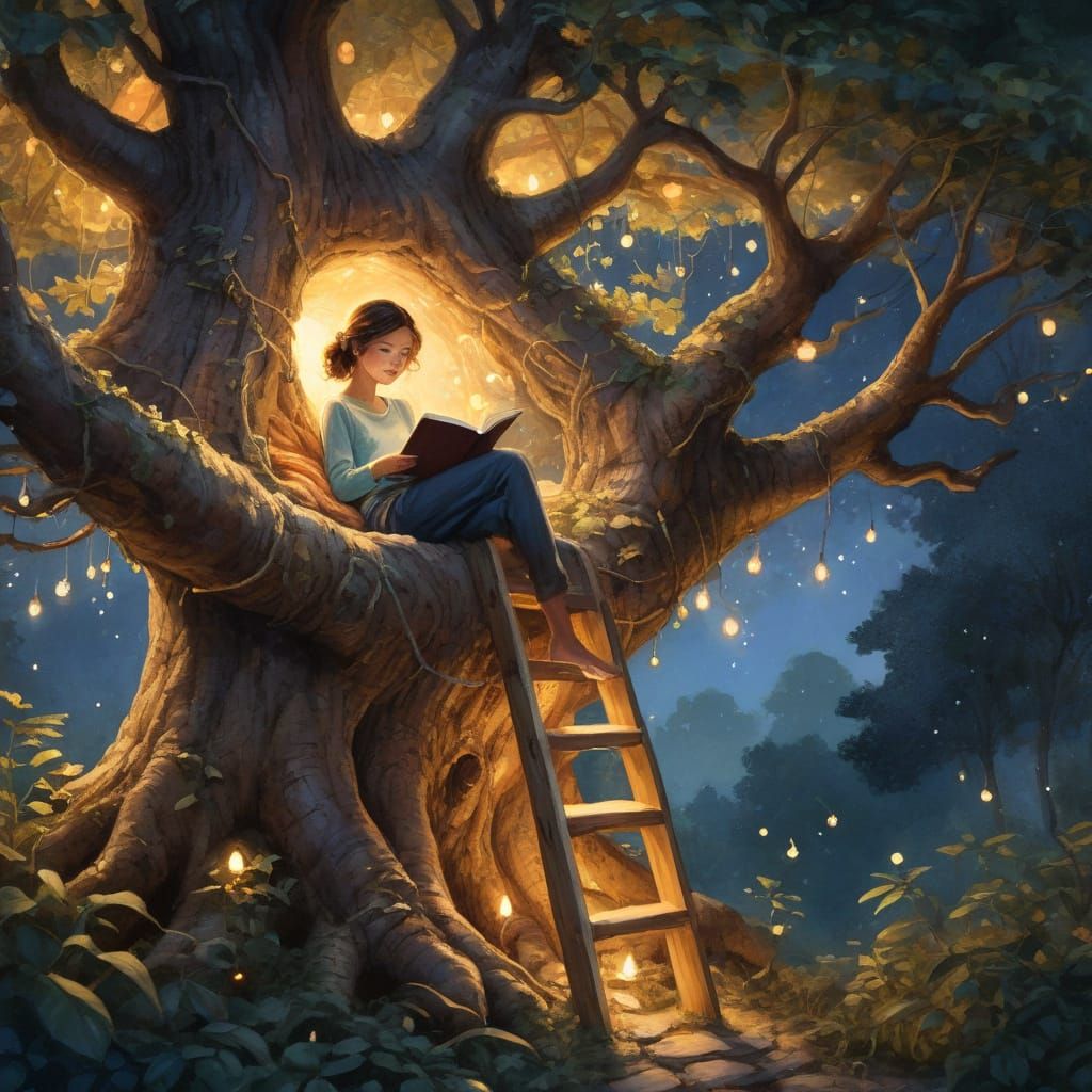 Cozy Tree Nook Reading Scene in Watercolor Style